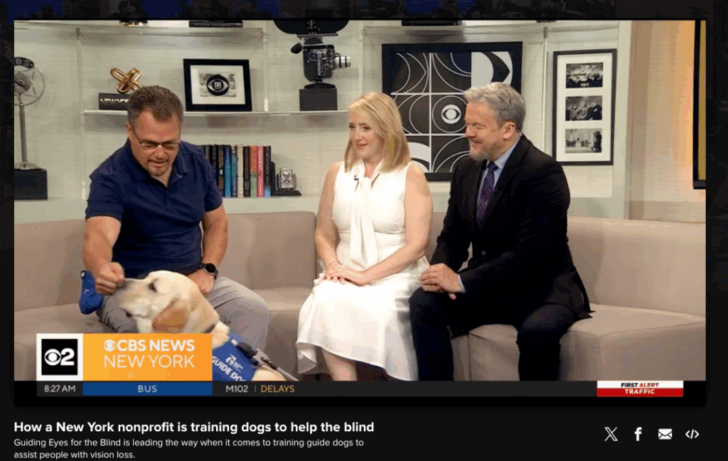 Ben sits on a couch with the two hosts of the WCBS program and Cleo demonstrates the Touch skill