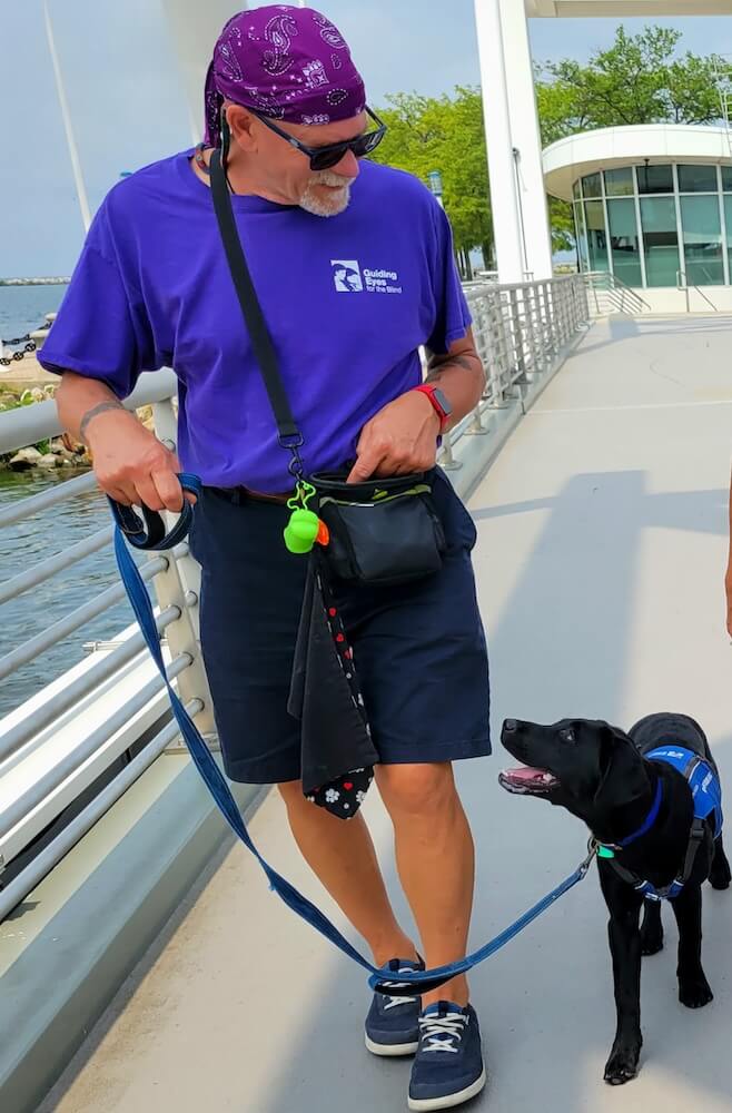 A black lab puppy walks happily on leash by the water, gazing up at their handler on a sunny day.