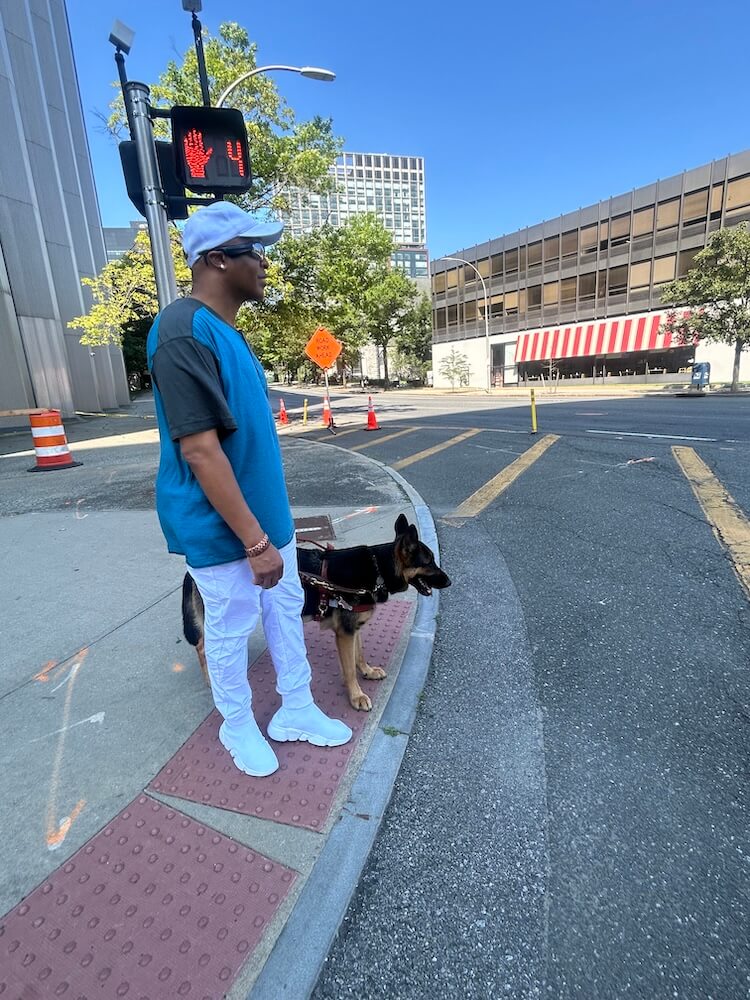 Dishon and Rogue look out to the road at the textured curb edge on a city street