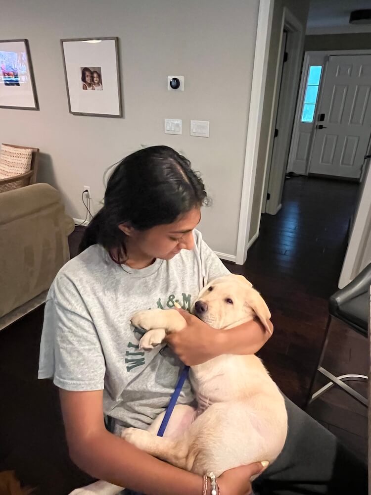 Kingdom is cuddled by starter raiser Mira as they spend time inside