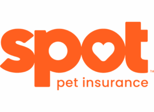 Orange lower case letters SPOT - letter O center is heartshaped. Pet Insurance in small font to right of letter P's tail