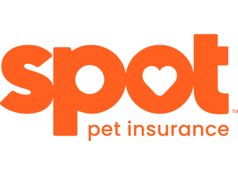 Orange lower case letters SPOT - letter O center is heartshaped. Pet Insurance in small font to right of letter P's tail