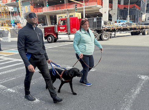 Chris wears a blindfold and walks through a crosswalk with a male black Labrador guide dog leading him. Foundation Manager Miranda Beckmann walks beside them and holds the support leash.