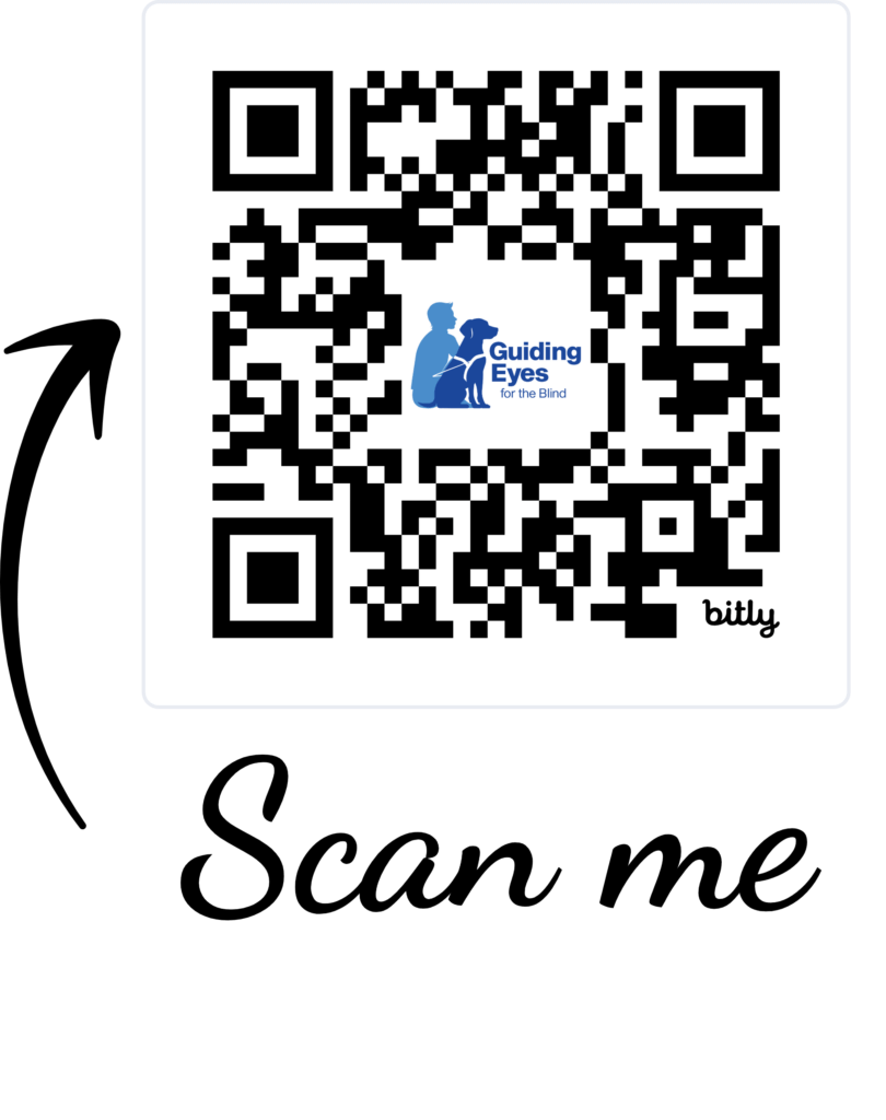 A QR code with Guiding Eyes logo in the center and an arrow pointing from Scan me