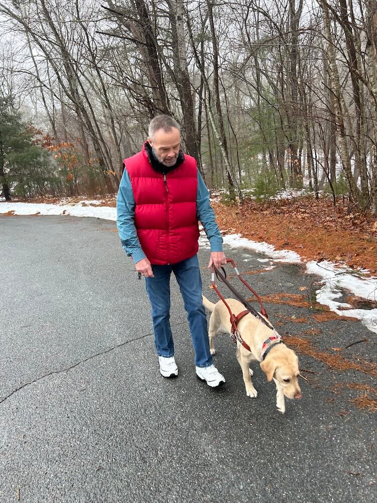 Jack and Juliet walk safely along the curve of a road with snow at the edges
