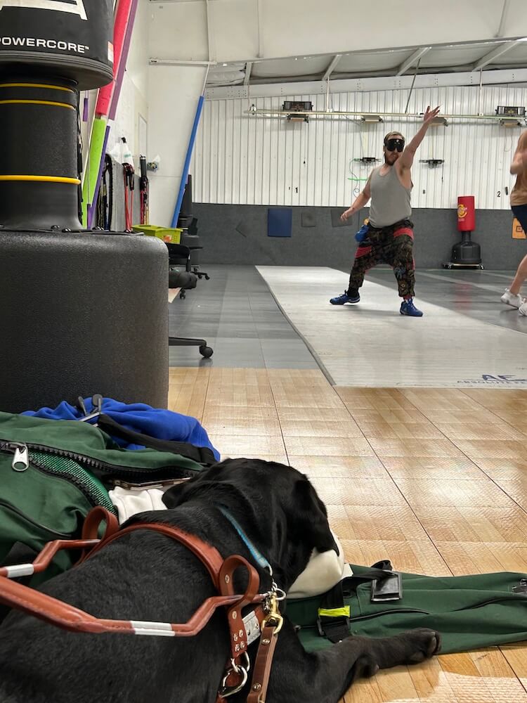 Black Lab guide dog Yodel lies with his face buried in clothing and other items from a gym bag, while Jason practices skills on a mat across the room.