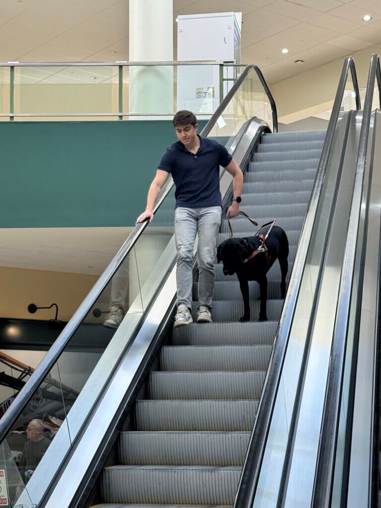 Luc and guide dog Garrett carefully descend on the escalator during training