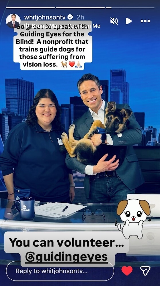 Whit Johnson holds puppy Quartz next to Alissa Phillips against a blue skyline backdrop on his instagram post.