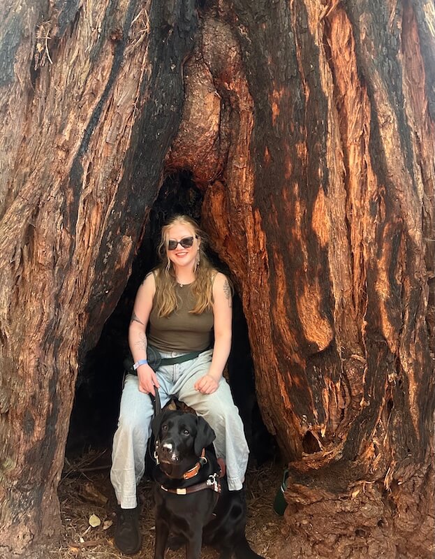 Emmy sits within the triangular opening of a massive redwood tree with guide Holly sitting in front of her
