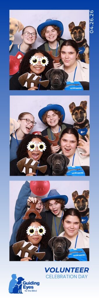 A strip of 3 photos -volunteers and staff posed with humorous accessories in the photo booth