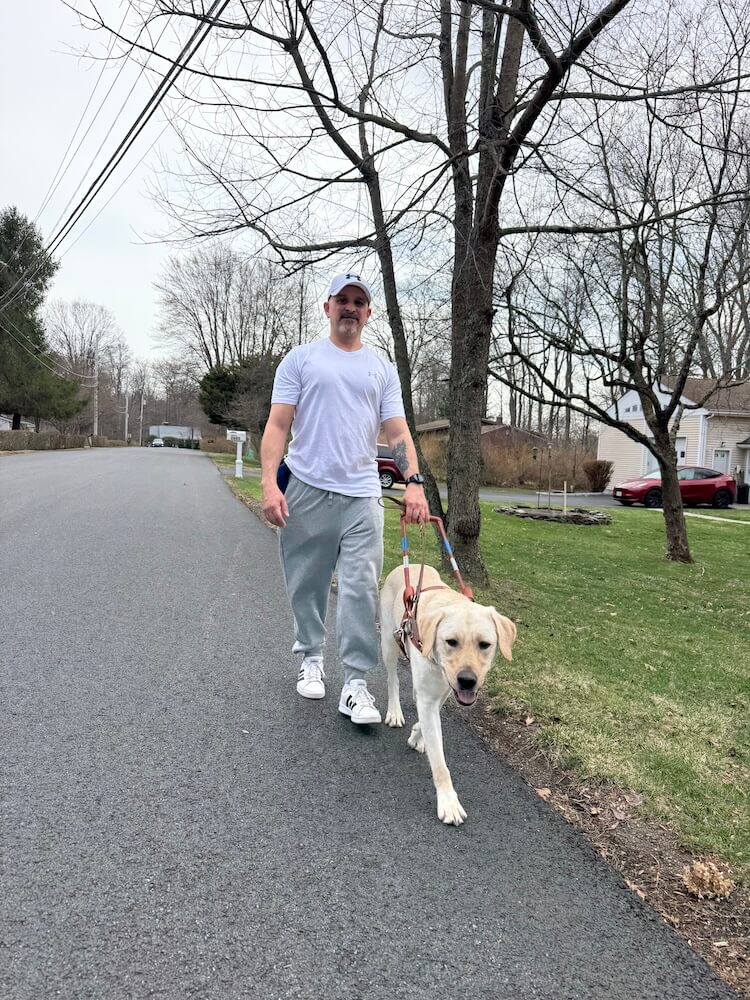 Moose leads Brian safely along a residential road with no sidewalks