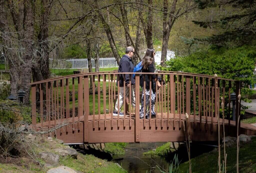 Volunteers walk across the wooden bridge on campus