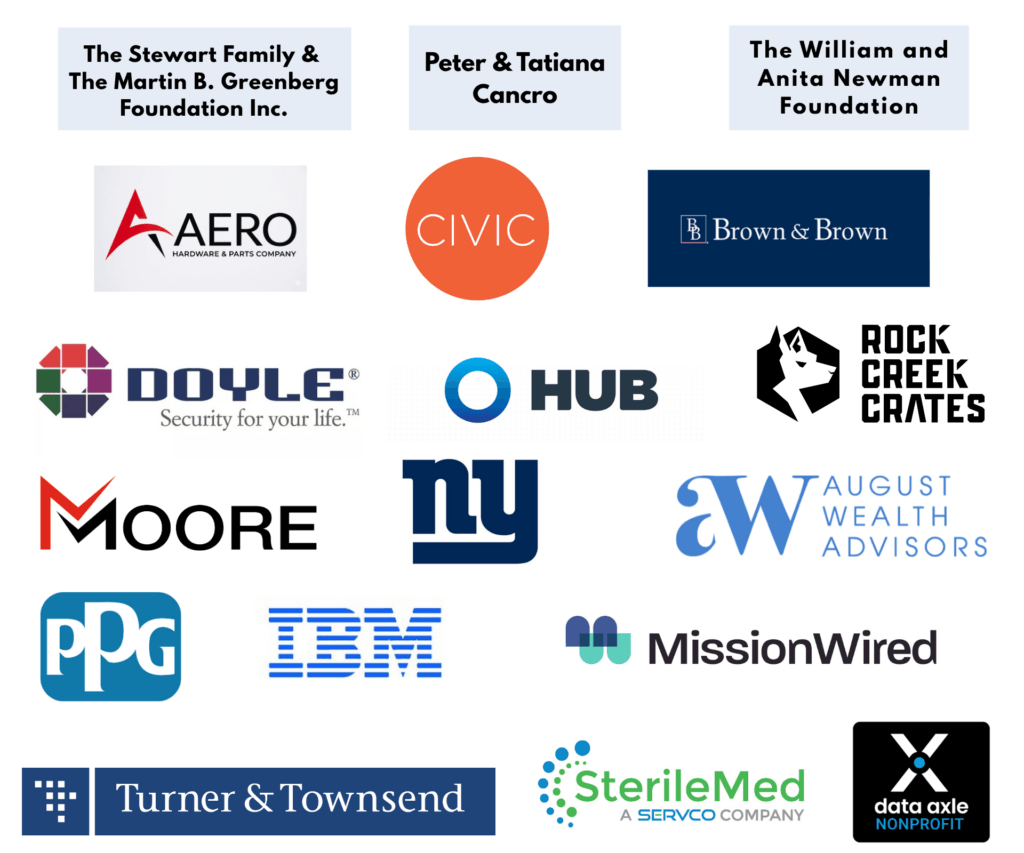 Stuart family and Martin B Greenberg foundation, Peter and Tatiana Cancro, William and Anita Newman foundation, aero, civic, brown, and brown, Doyle, hub, rock Creek, crates, Moore, New York Giants, August, wealth advisors, PPG, IBM, mission wired, Turner in Townsend, Sterilemed, data axle