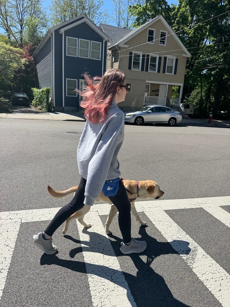 Annalisa's hair flies behind her as she and Vernon safely and quickly walk through a crosswalk