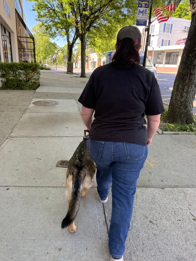 April and guide Rose walk away down a wide village sidewalk