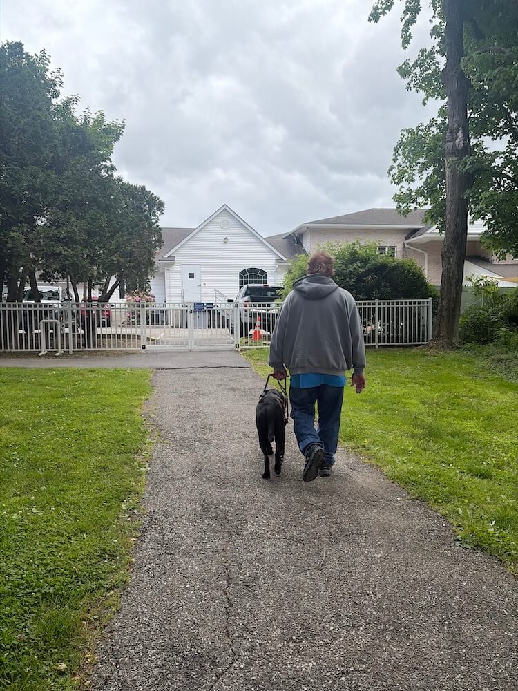Spencer and Commander walk a path towards the Training School buildings on campus on an overcast day