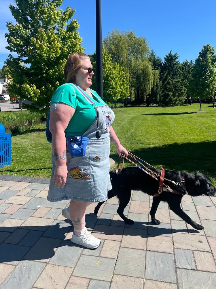 Amanda walks confidently with guide Major on an area of paving stones
