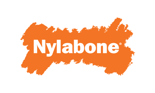 Nylabone in white letters against orange shaped vsimilar to a bone