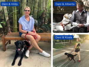 Collage of Deni Elliott and 3 of her guide dogs