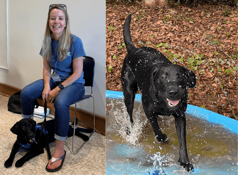 Side-by-side photos of Jennifer Thurman, Regional Puppy Instructor, and Ettie, a black Lab puppy in the Guiding Eyes Puppy Raising program. On the left, Jennifer sits beside Ettie as she rests on the floor in her Future Guide Dog vest. On the right, Ettie splashes through a small blue pool during playtime.