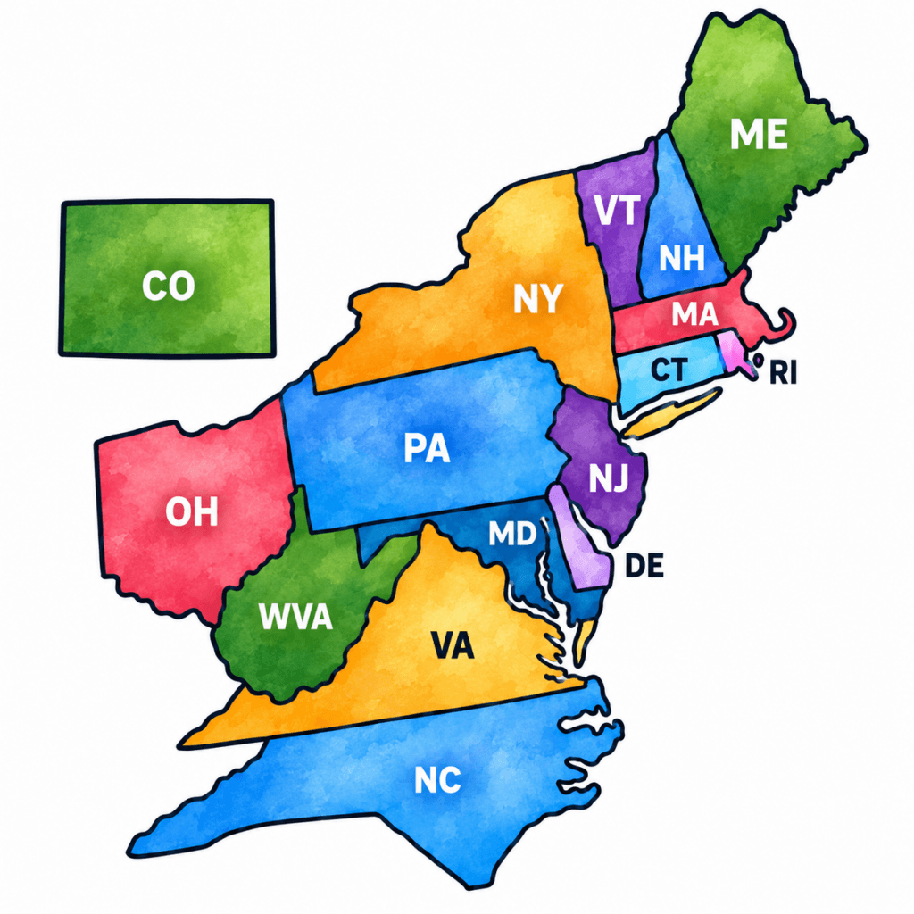 A colorful graphic showing the northeastern US and a separate Colorado to depict puppy raising regions