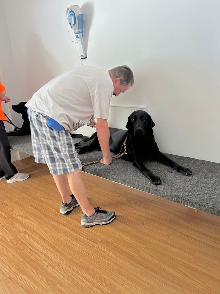 Wade bends forward over guide Keaton who lies patiently on the grooming table